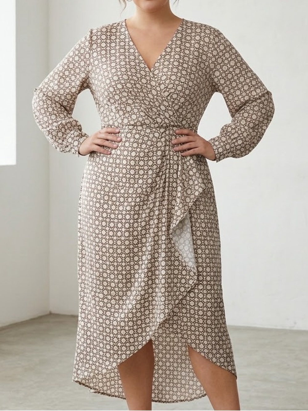SHEIN Beige Ditsy Floral Wrap Midi Dress